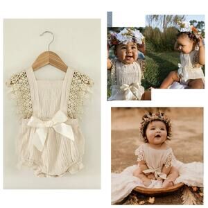 NWT Reverie Jami Romper Cream 3-6M Satin Bow Lace Sleeve Photo Outfit Cake Smash